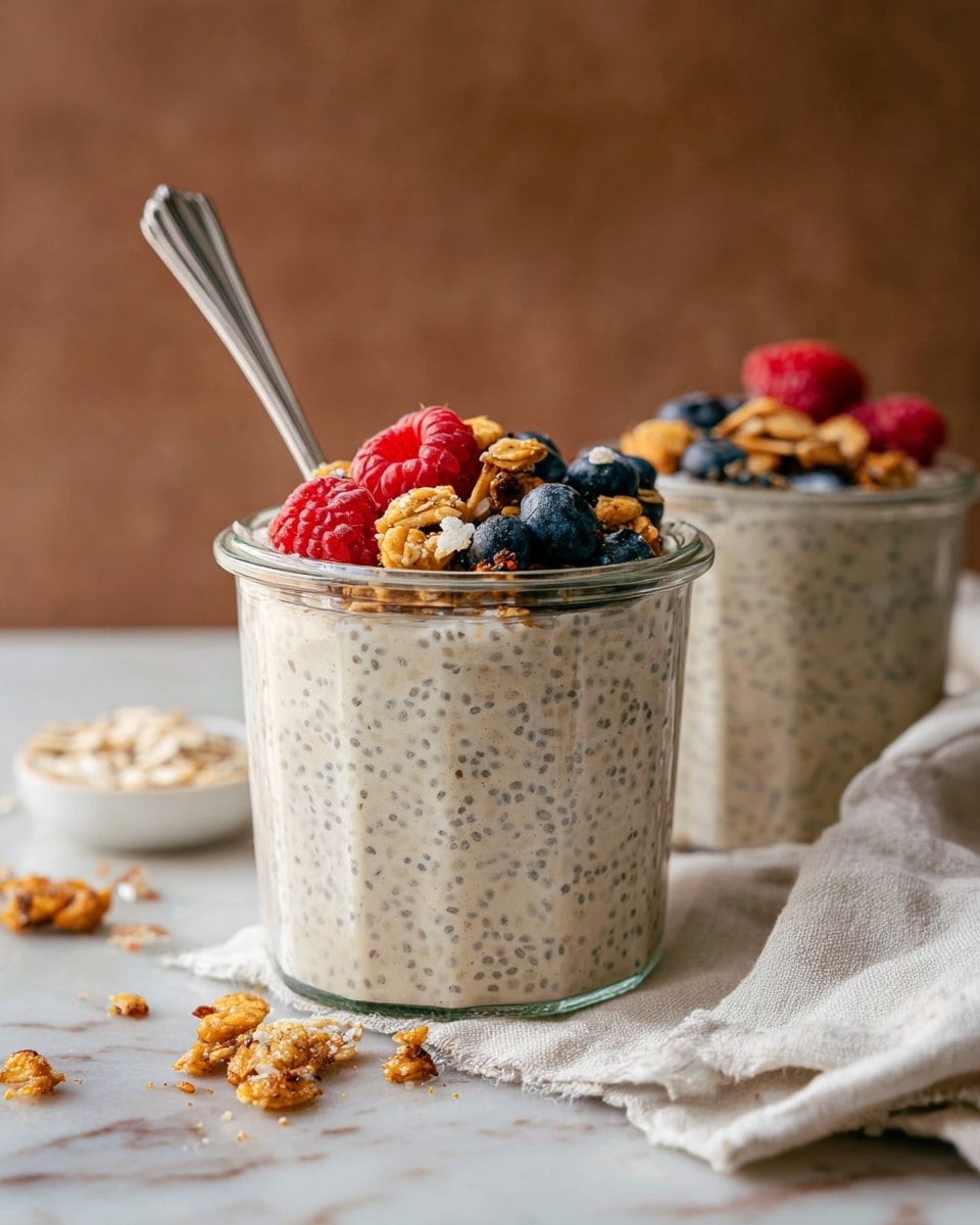 The image shows two clear glass jars filled with creamy beige chia pudding speckled with tiny black chia seeds. Each jar is topped with a mix of fresh red raspberries, dark blue blueberries, and golden-brown crunchy granola. A silver spoon is placed inside the front jar, which rests on a folded white cloth with some granola crumbs scattered around. The background features a soft, neutral brown surface with a white marbled texture beneath everything. Photo taken with an iphone --ar 4:5 --v 7