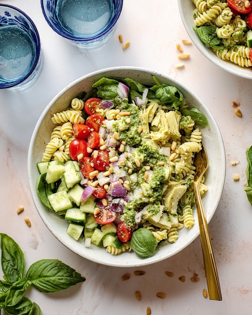 A white bowl filled with a three-layer pasta salad, featuring small twisted pasta as the base layer, mixed with bright green arugula and spinach leaves. The second layer has halved red cherry tomatoes, diced light green cucumber, chunks of pale artichoke hearts, and small pieces of purple onion. The top layer is dotted with green pesto sauce, sprinkled pine nuts, and shredded white cheese. A gold fork rests on the right side of the bowl, partially inside the salad. The background is a white marbled surface with scattered pine nuts and fresh basil leaves, alongside two blue-rimmed glasses of water. Photo taken with an iphone --ar 4:5 --v 7