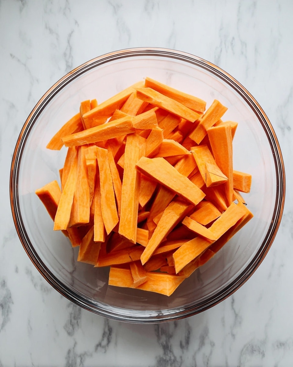 A clear glass bowl sits on a white marbled surface filled with bright orange sweet potato sticks. The sticks are cut into thick, uneven rectangular shapes, piled loosely to fill the bowl almost halfway. The smooth texture of the peeled sweet potatoes contrasts with the shiny glass bowl and the subtle veins of grey in the white marble underneath. The scene is brightly lit, showing the vibrant color and fresh look of the sweet potatoes. photo taken with an iphone --ar 4:5 --v 7