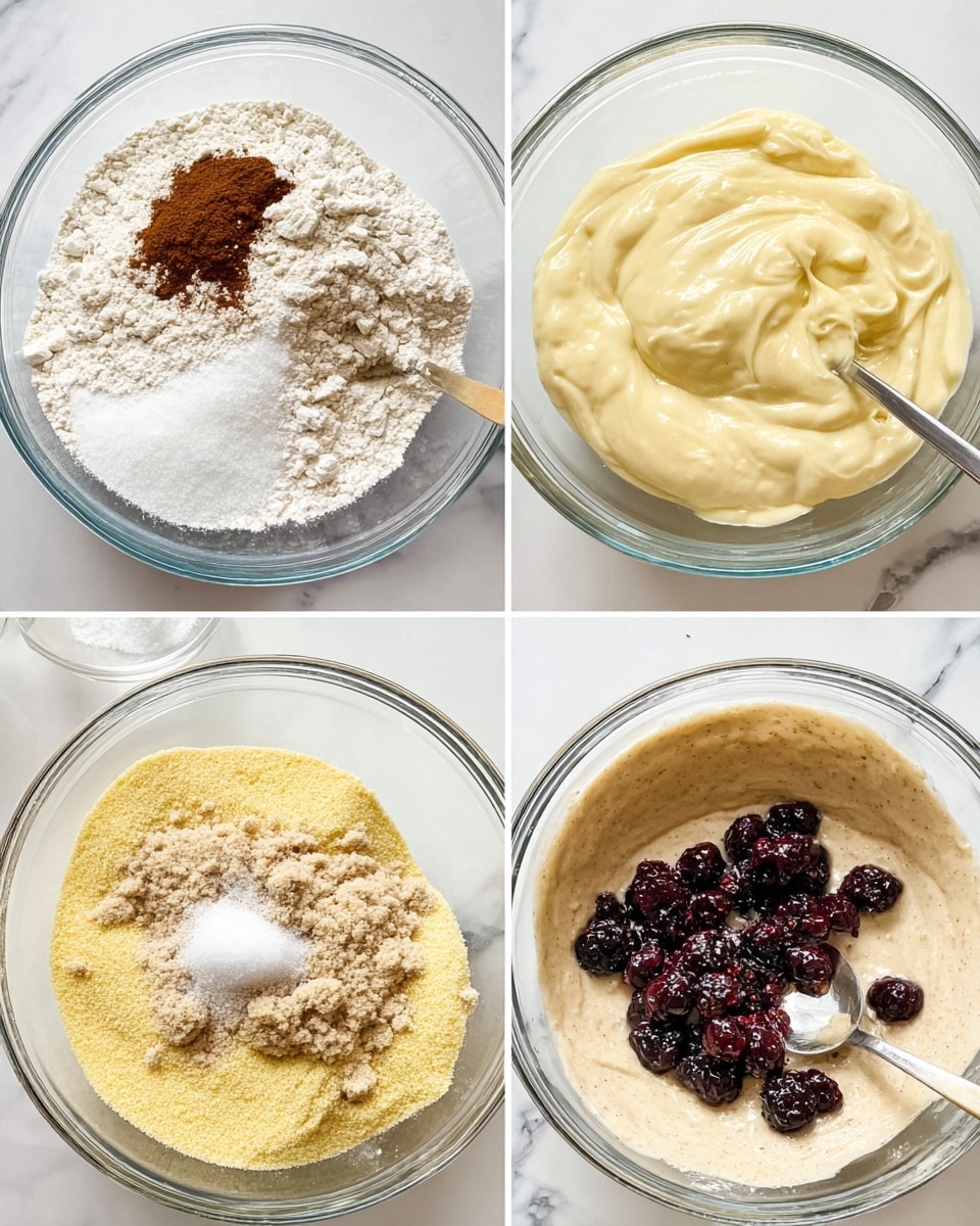 The image shows four clear glass bowls on a white marbled surface, each containing different baking ingredients at various stages. The first bowl has a mix of white flour with a small pile of brown cinnamon and white sugar on top, showing dry powder with rough texture. The second bowl contains a creamy pale yellow batter that looks smooth and whipped, evenly spread inside the bowl. The third bowl holds a mix of dry and wet ingredients: a layer of yellow cornmeal-like texture at the bottom, topped with light brown flour mix, showing a rough, powdery texture. The fourth bowl shows a smooth beige batter with a cluster of dark purple-blackberries scattered on top, and a spoon resting inside, mixing the fruit with the batter. Photo taken with an iphone --ar 4:5 --v 7