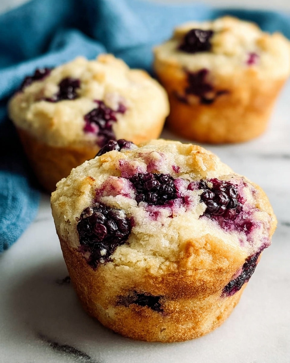 The image shows three light golden muffins on a white marbled surface, each with uneven tops that are studded with dark purple blackberries, some of which have released a bit of juice creating soft purple spots in the muffin batter. The muffins have a bumpy texture with visible crumb and berry pieces both inside and on top. The front muffin is closest to the camera, showing its rounded top with a slightly cracked surface, while the two muffins in the background are slightly blurred. To the side lies a folded blue cloth, adding a pop of color to the scene. Photo taken with an iphone --ar 4:5 --v 7