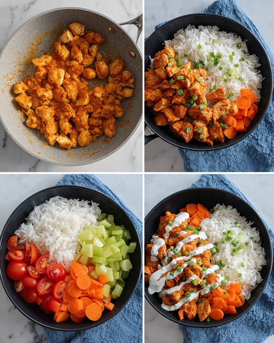 The image shows the making of a colorful rice bowl in four steps. First, orange cooked chicken pieces fill a gray pan. Next, a black bowl holds two layers: white rice on the left and chicken on the top right. In the third step, the bowl adds three fresh vegetable layers to the right side beside chicken and rice: bright red halved cherry tomatoes, light green celery pieces, and orange carrot cubes. Finally, the bowl has the same layers with a white sauce drizzled over the top and some green chopped scallions sprinkled on the chicken and vegetables. The bowl is on a blue cloth on a white marbled surface. Photo taken with an iphone --ar 4:5 --v 7