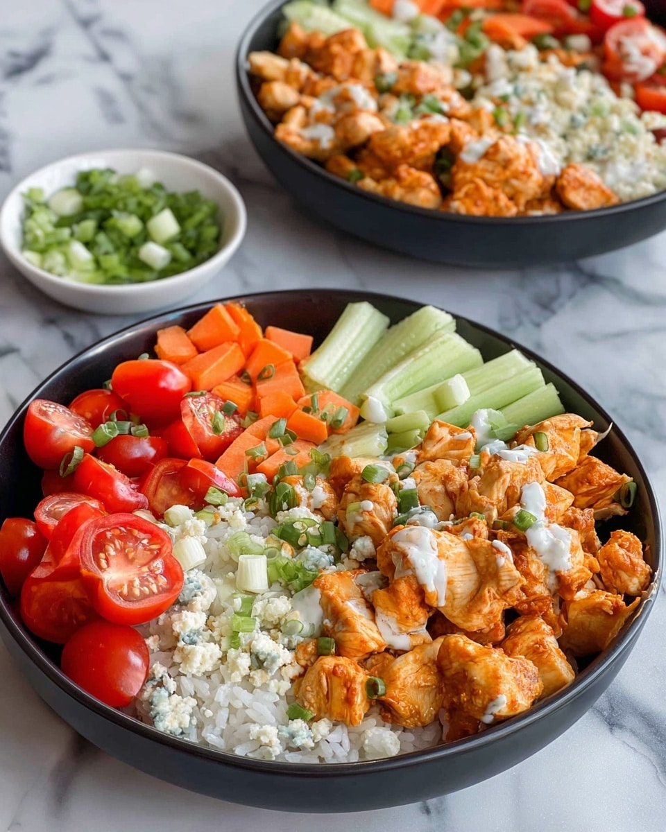 The image shows two black bowls filled with colorful food on a white marbled surface, with a small white bowl of chopped green onions nearby. In the front black bowl, the food is neatly divided into layers: at the bottom left, bright red cherry tomato halves topped with green onion pieces; next to them, light green cucumber and celery sticks, ending with round slices of carrot along the upper edge. The right side of the bowl holds orange-colored cooked chicken pieces mixed with white rice, which has a drizzle of white sauce and crumbled cheese sprinkled on top. The background bowl contains a similar mix of white rice, orange chicken, diced green vegetables, cherry tomatoes, and carrot slices arranged in sections. The bowls are round and set on a clean white marbled surface. photo taken with an iphone --ar 4:5 --v 7