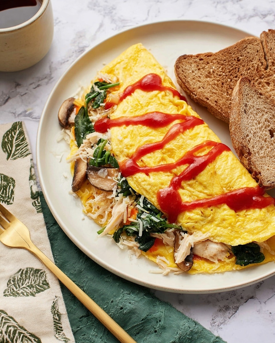 A white plate on a white marbled surface holds a yellow omelet folded over a filling of green spinach, pale shredded chicken, red cherry tomato pieces, white shredded cheese, and brown cooked mushrooms. To the right of the omelet are several whole and halved bright red cherry tomatoes, next to two pieces of toasted brown bread with a crispy texture, and fresh green spinach leaves. In the background, there is a beige folded cloth and part of a white pot with large green leaves. Photo taken with an iphone --ar 4:5 --v 7