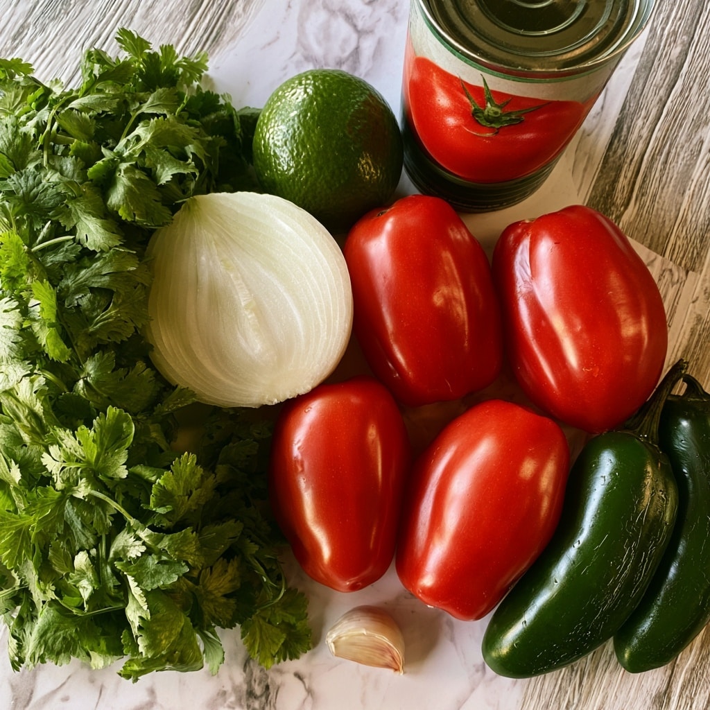 A bunch of fresh green cilantro with leafy texture is placed on the left side of the image. Next to it is a peeled half white onion showing smooth layers. Above the onion, there is a whole lime with a shiny green skin. To the right of the lime is a tilted can of Contadina Petite Diced tomatoes, showing a red tomato image on the label. Below the can, there are five red Roma tomatoes with smooth, shiny skins arranged closely together. On the far right, two dark green jalapeño peppers with glossy surfaces are placed next to the tomatoes. A single small clove of garlic is near the bottom center, showing a light papery texture. The ingredients are laid out on a white marbled surface with a wood pattern. photo taken with an iphone --ar 4:5 --v 7