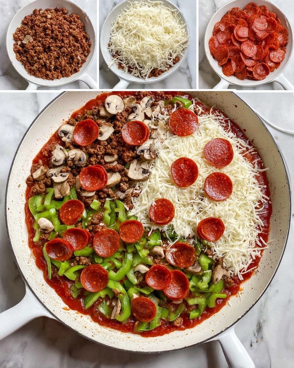 A white skillet sits on a white marbled surface showing six layers of a pizza being made. The first layer is a smooth, bright red tomato sauce spread evenly on the skillet bottom. The second layer is made of brown cooked ground meat scattered fully over the sauce. The third layer is bright green chopped bell peppers and light brown sliced mushrooms mixed and spread over the meat. The fourth layer is more bright red tomato sauce spooned unevenly over the vegetables. The fifth layer is a thick layer of shredded white cheese covering the vegetables and sauce almost completely. The sixth and final layer is a topping of dark red round pepperoni slices placed evenly on top of the cheese. In the background, small white bowls of pepperoni and shredded cheese are visible. photo taken with an iphone --ar 4:5 --v 7