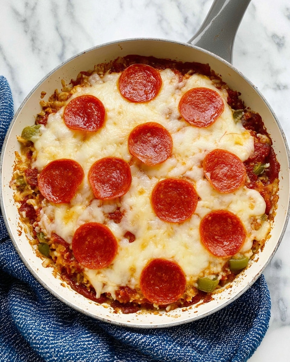 A round dish in a white skillet with a thick layer of melted, light golden cheese covering the top. Beneath the cheese, slices of bright red pepperoni are placed evenly across the surface. Below the pepperoni is a visible layer of red tomato sauce with hints of green bell peppers peeking out from underneath. The skillet sits on a white marbled surface with a textured blue cloth partially beneath it. Photo taken with an iphone --ar 4:5 --v 7