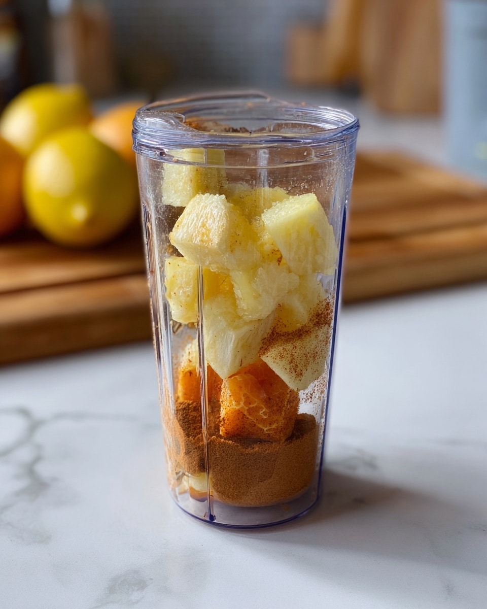 A clear plastic blender cup filled with layers of fruit shows orange pieces at the bottom, a middle layer of brown spice powder, and top cubes of pale yellow fruit, all inside the cup. The blender cup is empty at the top and sits on a white marbled surface with blurry lemons and a wooden cutting board in the background. photo taken with an iphone --ar 4:5 --v 7