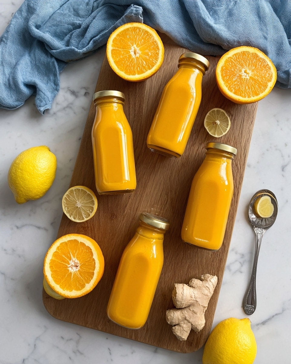 The image shows five small glass bottles filled with bright orange juice, lying on a wooden board. Around the bottles, there are four orange halves with a vibrant, juicy inside and two whole yellow lemons nearby. A small piece of light brown ginger root sits on the bottom right corner of the board. A silver spoon lies on the white marbled surface next to the board, and a soft blue cloth is draped on the top left of the board. The colors are fresh and bright, with the orange juice standing out clearly. photo taken with an iphone --ar 4:5 --v 7