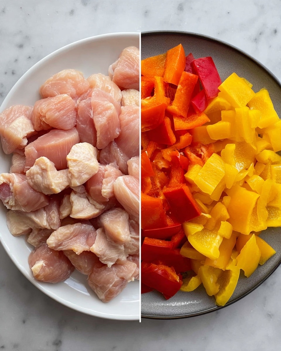 A close-up of a dish showing several layers of golden-brown chicken pieces glazed with a shiny orange sauce, mixed with bright red bell pepper slices and yellow pineapple chunks. The chicken pieces have a slightly crispy texture, while the sauce gives everything a smooth, glossy look. The red bell peppers add vibrant spots of color scattered evenly throughout the dish, and the pineapple chunks add a soft, juicy contrast to the other ingredients. Photo taken with an iphone --ar 4:5 --v 7