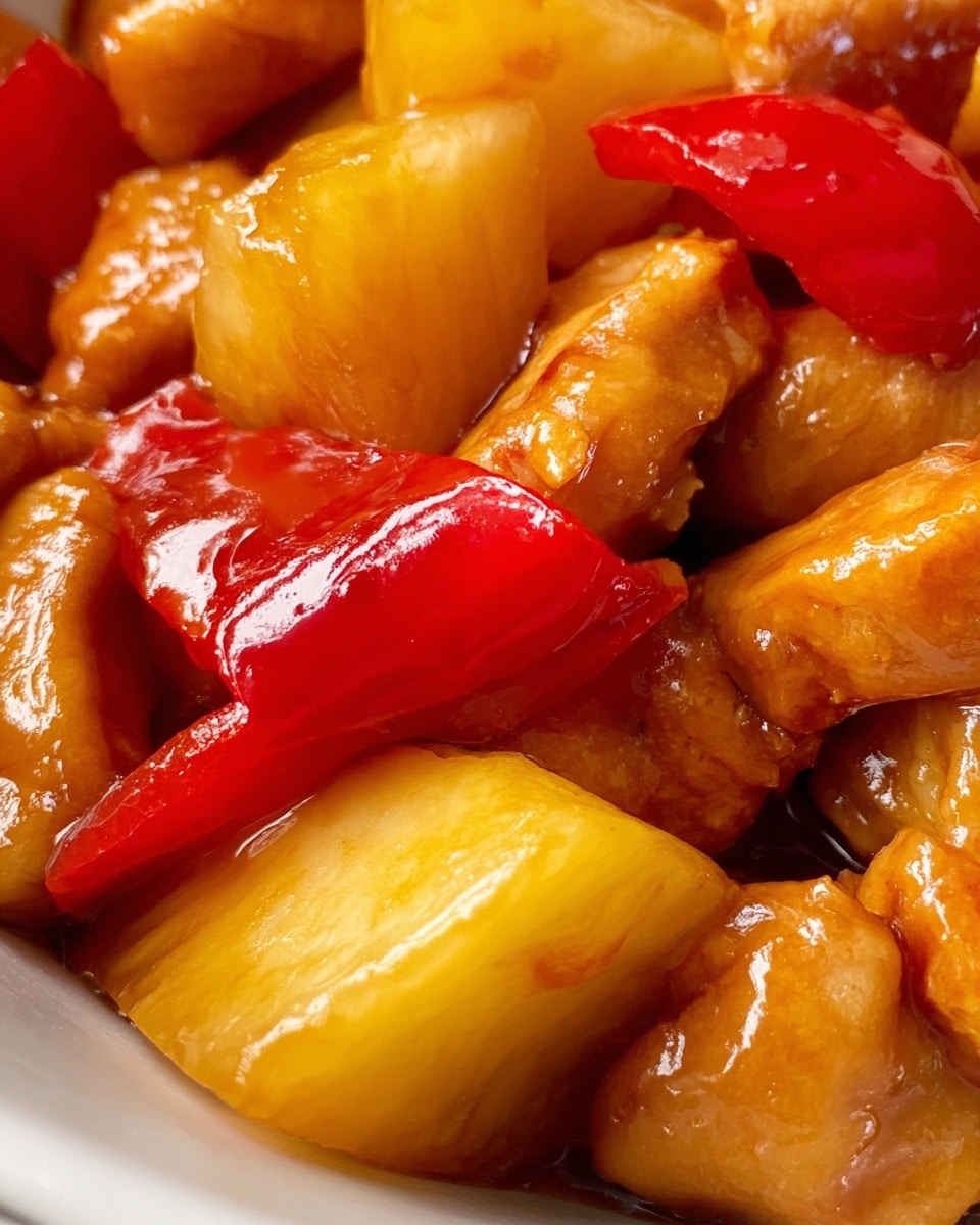 This close-up image shows a glossy mix of golden brown chicken pieces, bright yellow pineapple chunks, and shiny red bell pepper slices, all coated in a sticky, amber-colored sauce. The ingredients are tightly packed together, highlighting the juicy texture of the pineapple and the tender chicken with a slightly crispy surface. The red bell pepper adds a sharp contrast with its smooth, shiny skin that catches the light. The background is a white marbled texture, giving a clean and fresh look to the dish. photo taken with an iphone --ar 4:5 --v 7