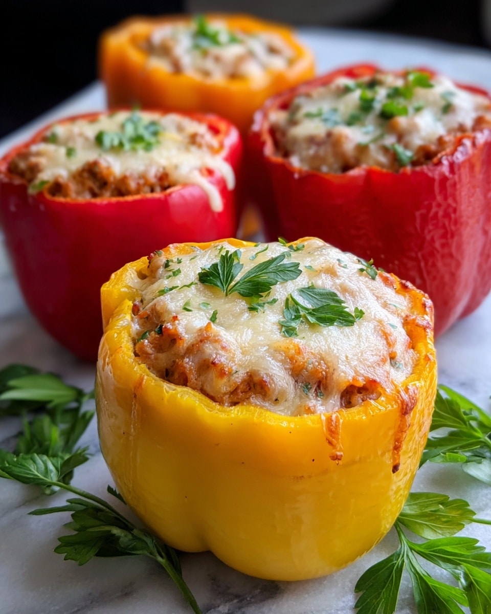 The image shows three stuffed bell peppers placed on a surface with a white marbled texture. The front pepper is bright yellow, filled with a light brown mixture, and topped with a layer of melted, slightly browned white cheese with small green parsley leaves as garnish. Behind it, two red bell peppers are similarly stuffed and topped with melted white cheese and small green parsley leaves. The peppers have a smooth, shiny texture and are arranged close together with some fresh green parsley sprigs around them. The photo taken with an iphone --ar 4:5 --v 7