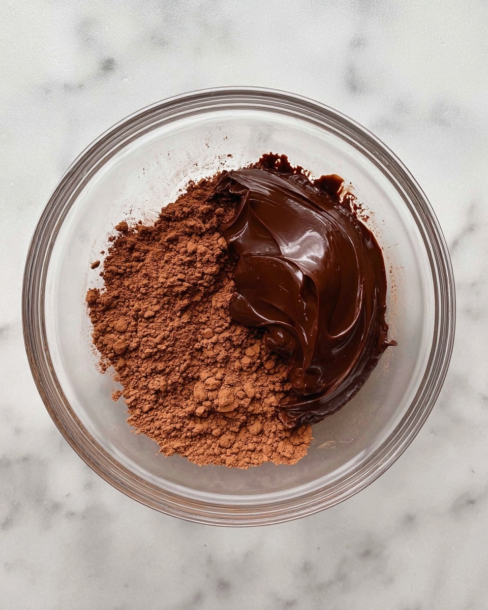 A clear glass bowl sits on a white marbled surface, holding two main layers: the bottom layer is a fine, powdery dark brown cocoa powder spread unevenly across the base, and the top layer is a thick, shiny, smooth dark chocolate spread placed in a loose pile slightly to one side, creating a rich contrast in texture and color between the matte cocoa powder and the glossy chocolate. photo taken with an iphone --ar 4:5 --v 7