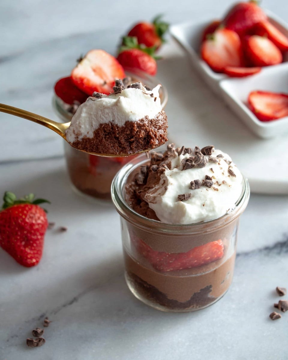 The image shows a clear glass cup with three thick layers of dark brown chocolate mousse, each layer smooth and creamy. On top, there is a swirl of white whipped cream with a light, fluffy texture. The whipped cream is sprinkled with small pieces of dark chocolate and topped with a bright red strawberry slice on the side. In the background, there is a second glass cup with a similar dessert, and two whole strawberries sit on a white plate on a white marbled surface. Photo taken with an iphone --ar 4:5 --v 7
