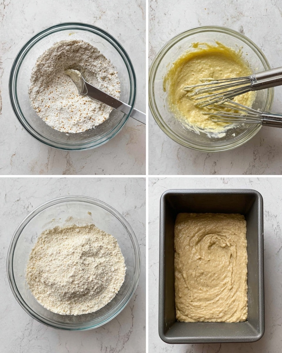 Four images show the steps of making batter for baking. In the top left, a clear glass bowl has a dry white mixture with specks and a silver spoon inside. The top right image shows a clear glass bowl with a thick, light yellow creamy batter being mixed with silver beaters. Bottom left shows a clear glass bowl with pale yellow batter at the bottom and a heap of dry white powder on top. Bottom right has a dark gray baking pan filled with a light brown thick wet batter spread evenly inside. All items sit on a white marbled textured surface. Photo taken with an iphone --ar 4:5 --v 7