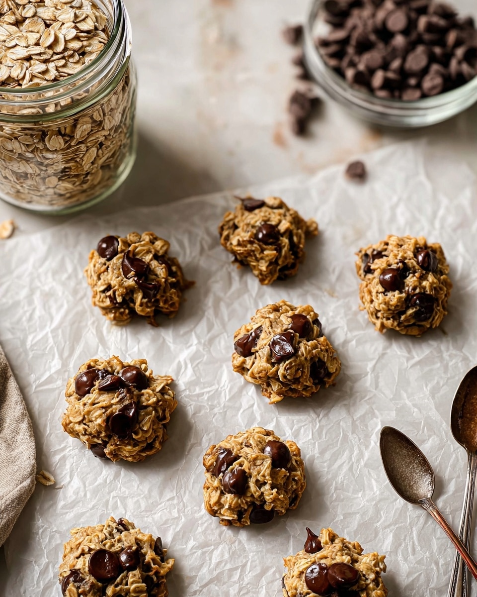 The image shows nine small clusters of oatmeal cookies with dark chocolate chips scattered on a white marbled surface lined with crinkled parchment paper. The cookies are chunky and rough in texture, with light brown oats forming the base and deep brown chocolate chips embedded throughout. In the background, there is a glass jar filled with more oats and a loose pile of chocolate chips, both placed on the same white marbled surface. A woman's hand with a spoon is partially visible on the right side, near the cookies. The overall scene is well-lit with soft natural light, creating a cozy and homemade feel. photo taken with an iphone --ar 4:5 --v 7