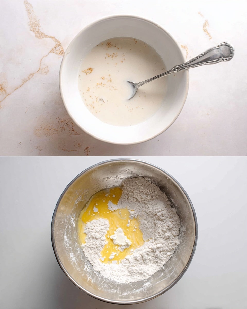 A top view of two bowls with ingredients for baking, both placed on a white marbled surface. The first bowl on the left is white and contains a creamy white liquid with some small tan bits floating in it, with a silver spoon resting inside. The second bowl on the right is a metal mixing bowl containing a mix of creamy white liquid, yellow melted butter spread unevenly on one side, and some white powder sprinkled on top, all sitting loosely together. Photo taken with an iphone --ar 4:5 --v 7