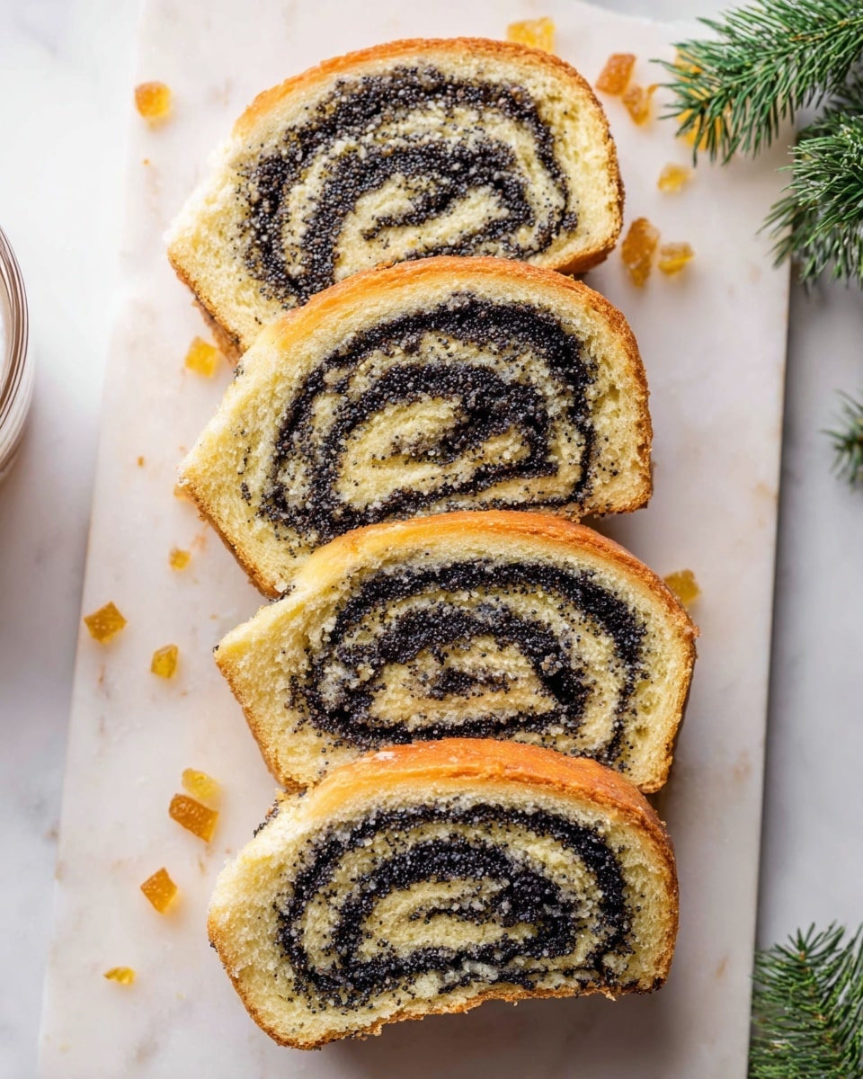 Five slices of a sweet roll with dark poppy seed filling swirled inside light golden bread are arranged neatly on a white marbled surface. Each slice shows a thick spiral of deep black poppy seeds contrasted with the soft, pale yellow bread. Small pieces of candied orange bits are scattered around them, adding pops of bright orange color. The texture of the bread is soft and fluffy, while the filling looks dense and slightly grainy. A white-rimmed clear glass is partially visible in the corner and some green pine needles peek in from the side, giving a fresh and festive feel. photo taken with an iphone --ar 4:5 --v 7