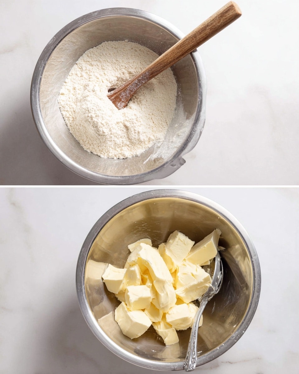 The image shows two metal mixing bowls on a white marbled surface. The first bowl on the left contains a light, powdery mix of flour with a wooden spoon resting inside, showing the rough but soft texture of the flour. The second bowl on the right has several soft chunks of pale yellow butter with a metal spoon inside, highlighting the creamy and smooth texture of the butter. The overall setting is clean and simple with no extra elements in the background photo taken with an iphone --ar 4:5 --v 7