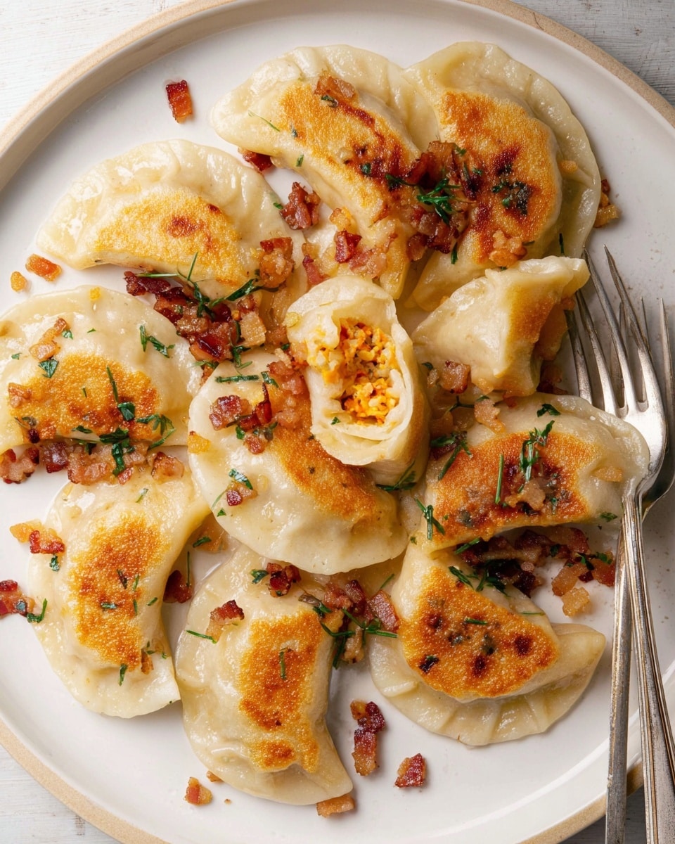 A white plate holds about ten dumplings, each with a golden brown, crisp pan-fried side and a soft, pale dough side, arranged in a loose circle with one dumpling cut open, showing an orange filling with herbs inside. Scattered on top and around the dumplings are small brown crispy bacon bits mixed with tiny green herb leaves. A silver fork rests on the right side of the plate, slightly under a few dumplings. The plate is placed on a white marbled surface. photo taken with an iphone --ar 4:5 --v 7