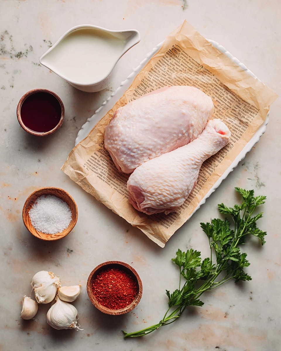 The image shows a white rectangular tray with one large raw chicken leg and thigh piece placed on top of a piece of brown paper with printed text. Surrounding the tray are small bowls and ingredients: a small white jug with milk, a small clear bowl of dark red sauce, a white bowl of coarse salt, and a small wooden bowl with bright red and beige powdered spices side by side. There are several peeled garlic cloves and fresh green parsley sprigs near the bottom right corner. All items are arranged on a white marbled surface. photo taken with an iphone --ar 4:5 --v 7