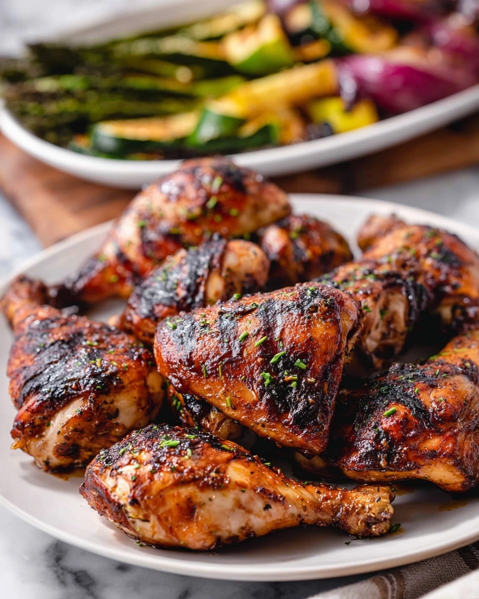 A white plate is filled with eight pieces of grilled chicken, including drumsticks and thighs, all with a crispy, dark brown char on the skin and sprinkled with small green herb bits. The chicken pieces have a mix of glossy, caramelized textures and slightly dry, charred spots. In the background, there is a blurred white dish holding grilled vegetables, including green asparagus, yellow zucchini slices, and deep red onions, all placed on a white marbled surface. Photo taken with an iphone --ar 4:5 --v 7