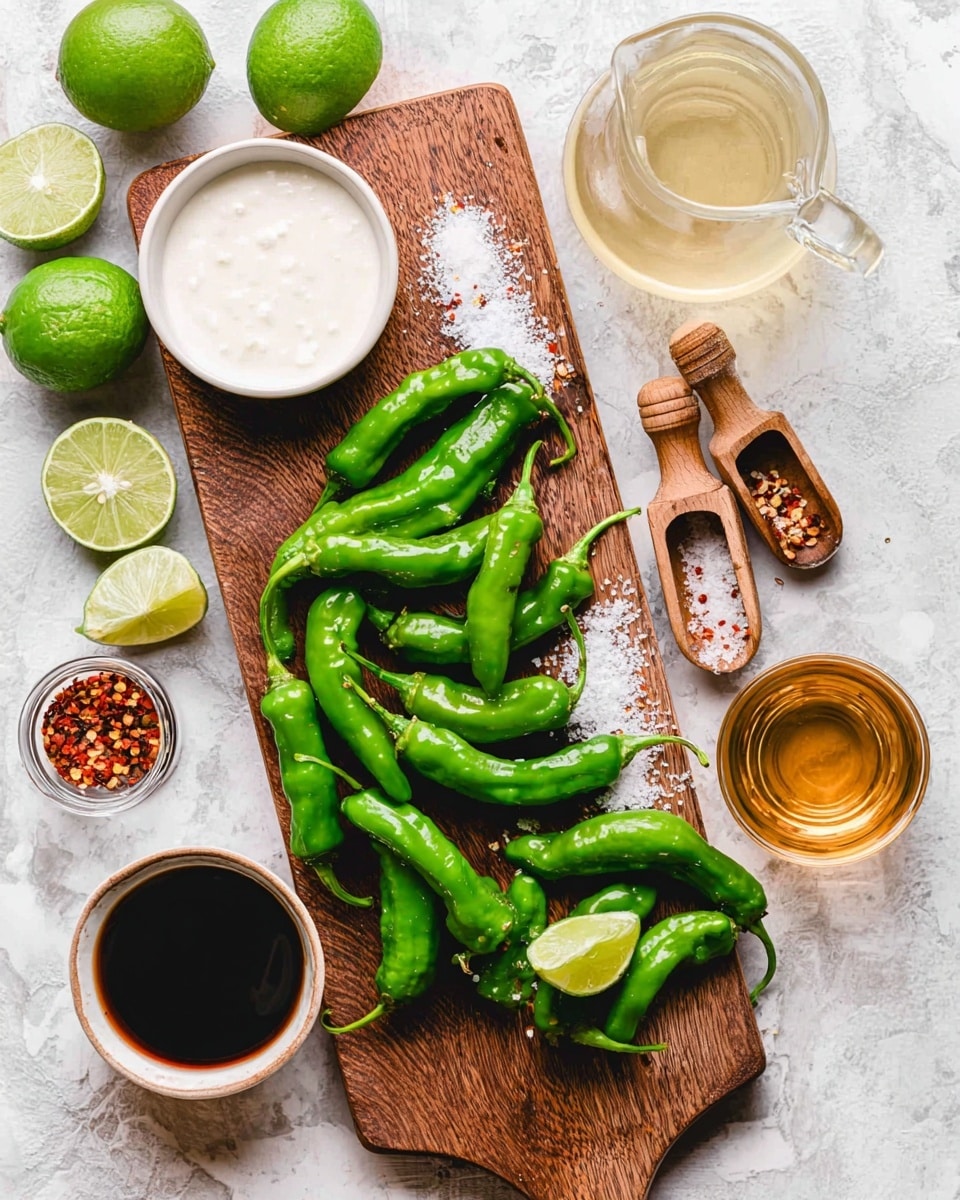 A wooden board with a white resin stripe down the middle holds many bright green peppers scattered around. On the board, there are two small wooden scoops with coarse white salt and red chili flakes, a small glass container with minced garlic, and a white bowl filled with smooth white sauce. Around the board on a white marbled surface, there are lime wedges, a whole lime, a glass container of golden liquid, a small bowl of dark soy sauce, and a transparent glass pitcher with light yellow liquid. The overall scene is bright and fresh, showing fresh ingredients clearly. photo taken with an iphone --ar 4:5 --v 7