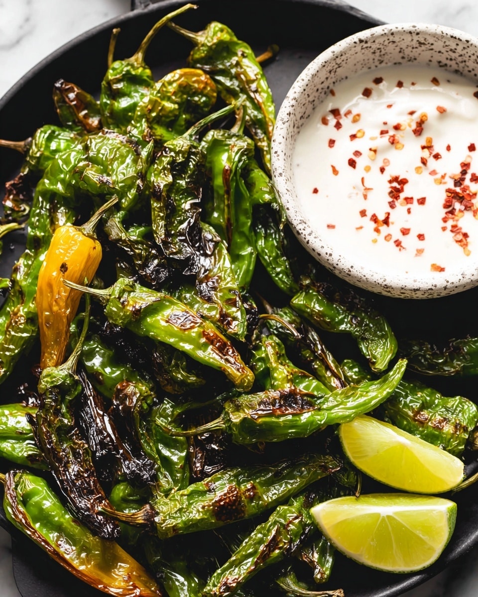 The image shows a pile of roasted green chili peppers with a few yellow ones mixed in, all with shiny, blistered skins and some dark char marks, spread across a black cooking pan. To the side of the peppers, a small white speckled bowl holds a creamy white dip sprinkled with red pepper flakes. Nearby, two bright green lime wedges sit on the pan, adding a fresh contrast to the warm tones of the roasted peppers. The whole scene rests on a white marbled surface. photo taken with an iphone --ar 4:5 --v 7