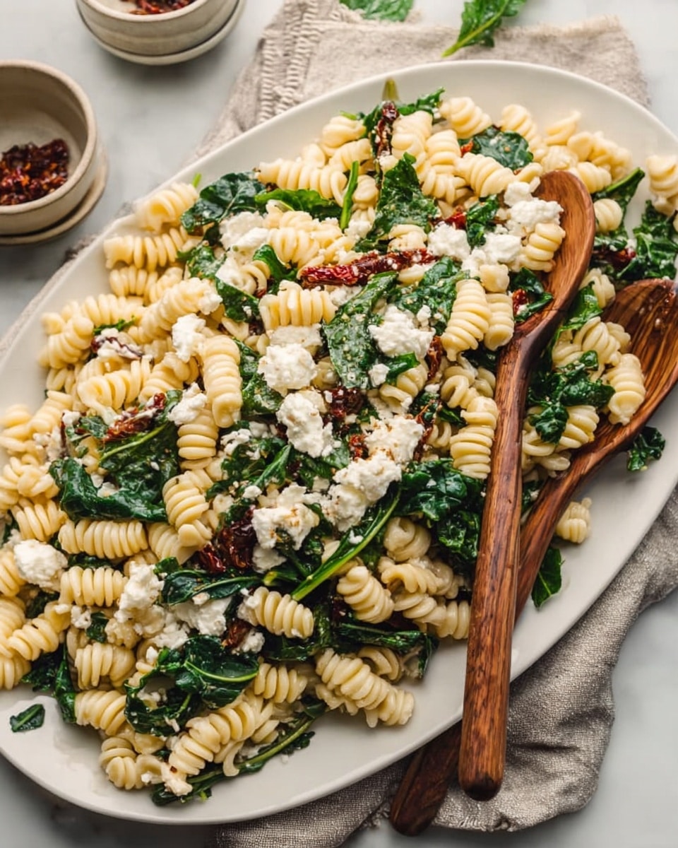The image shows a large white oval plate filled with spiral pasta that is pale yellow in color. Mixed in are wilted dark green spinach leaves and small chunks of white cheese scattered across the pasta. There are also pieces of dark red sun-dried tomatoes and some crunchy brown nuts. A pair of golden serving spoons scoop up a portion of the pasta, revealing the mix of colors and textures in the salad. The plate is set on a white marbled surface with some green spinach leaves lying nearby photo taken with an iphone --ar 4:5 --v 7
