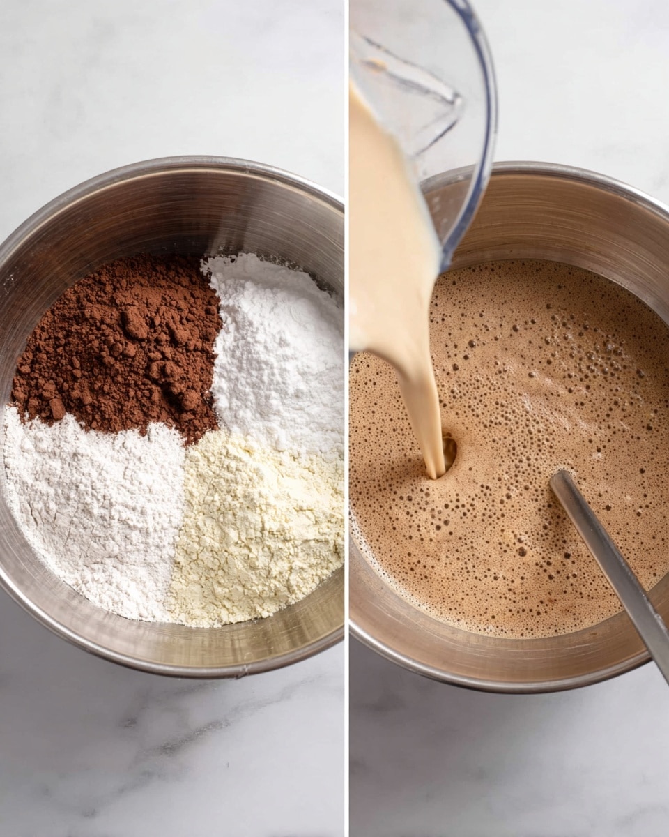 The image shows two side-by-side views of a metal mixing bowl placed on a white marbled surface; the bowl in the left frame contains four separate piles of dry ingredients arranged in distinct sections—the bottom left is dark brown cocoa powder, the top left is white powdered sugar, the bottom right is white flour, and the center is a small amount of white baking soda. In the right frame, liquid is being poured from a blender into the bowl over the dry mix, creating a light brown foamy liquid layer on top of the powder, with a metal spoon resting inside the bowl ready for stirring. Photo taken with an iphone --ar 4:5 --v 7