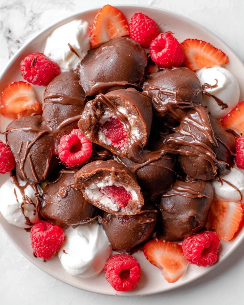 A white plate is filled with many dark brown dumplings that have a smooth, slightly shiny texture with chocolate sauce drizzled over them. Some dumplings are whole, while a few are open, showing a bright red raspberry filling inside. Around the dumplings, there are fresh raspberries and sliced strawberries with bright red and orange tones. There are also small dollops of white cream placed near the edges of the plate. The whole arrangement sits on a white marbled surface, creating a clean and bright background. photo taken with an iphone --ar 4:5 --v 7