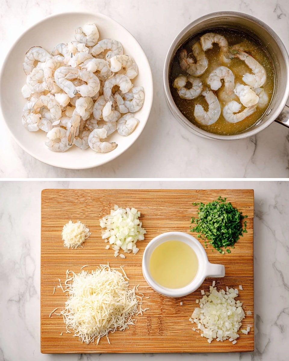 The image shows two parts: on the left, a white plate filled with raw peeled shrimp arranged in a pile, and above it, a pot with shrimp shells soaking in brownish liquid on a white marbled surface; on the right, a wooden cutting board with five ingredients neatly arranged in small piles and containers—a small mound of minced garlic at the top left, chopped white onion at the top right, fresh chopped green herbs at the bottom right, a small white ramekin with light yellow oil or liquid in the center, and finely shredded white cheese at the bottom left, all placed on the white marbled surface photo taken with an iphone --ar 4:5 --v 7