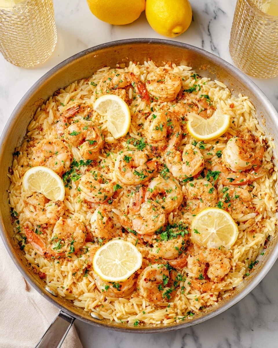 A large silver pan sits on a white marbled surface, filled with a dish made of three layers. The bottom layer is a bed of light golden orzo pasta with a slightly soft texture, speckled with small bits of herbs and seasoning. The middle layer consists of medium-sized cooked shrimp, arranged evenly across the pasta; they have a light pink-orange color with bits of green herbs on them. The top layer is garnished with three lemon wedges placed around the shrimp and some bright green chopped parsley scattered over the dish. In the background, two lemons and a textured glass with a drink can be seen. Photo taken with an iphone --ar 4:5 --v 7