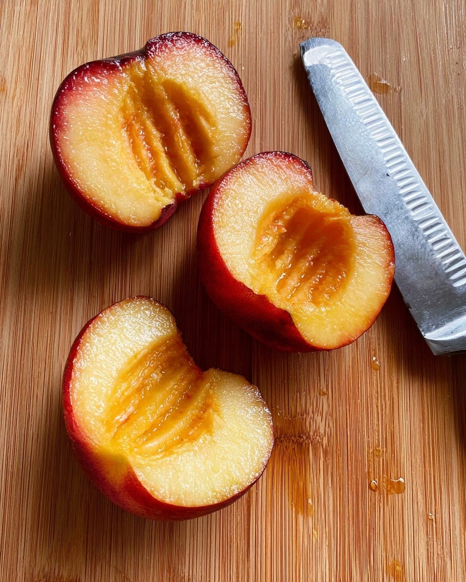 The image shows three slices of peach placed on a wooden cutting board with a serrated knife beside them. Each peach slice has a deep red outer skin and juicy, pale yellow flesh with a slightly shiny texture, showing a pattern of ridges on the cut sides. The peach slices are arranged in a loose group near the center of the board, with the knife positioned to the right and angled slightly upwards. The wooden board has a natural grain pattern and looks clean except for some juice near the bottom right corner. The photo taken with an iphone --ar 4:5 --v 7