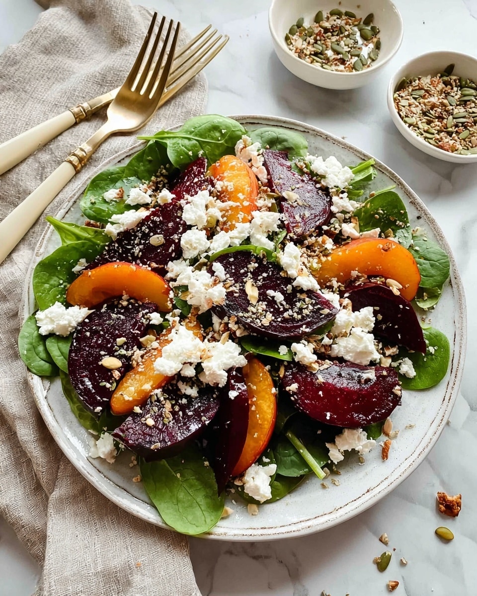 A white plate on a white marbled surface holds a fresh salad with three main layers: the bottom layer is bright green spinach leaves, the middle layer has thick slices of dark red roasted beets and charred orange apricot halves, and the top layer is scattered with white crumbles of cheese and a mix of various small seeds in shades of brown and green, adding texture. There is a beige cloth with a fork on the left side and another fork with a light cream handle on the right, and a small white bowl with more seeds is placed on the right side of the plate. Photo taken with an iphone --ar 4:5 --v 7