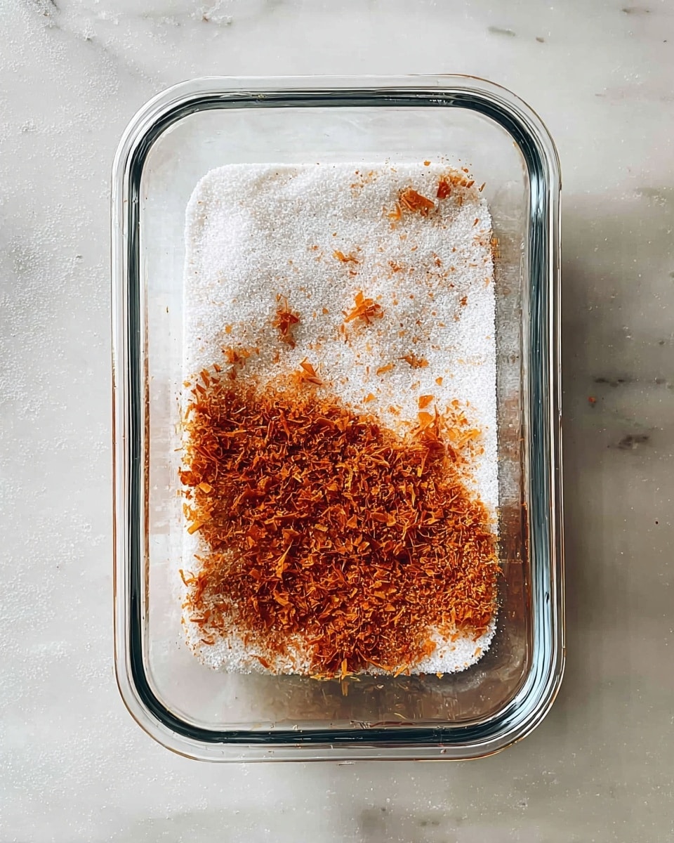 A clear glass rectangular container holds two main layers, viewed from above. The bottom layer is a fine white granulated texture spread unevenly, while the top layer consists of a loose heap of dry orange-brown flakes scattered over the white base. The container sits on a white marbled surface that adds a soft contrast to the colors inside. photo taken with an iphone --ar 4:5 --v 7