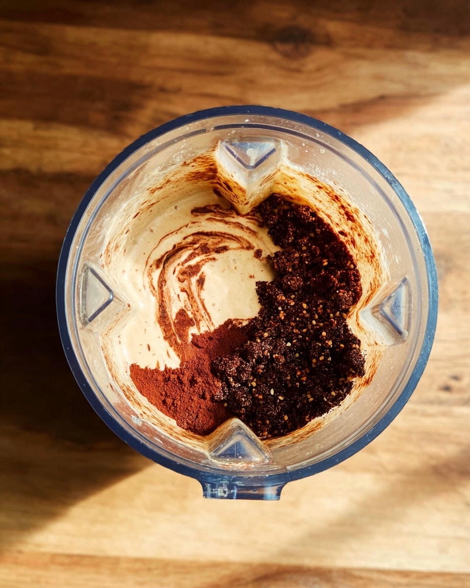 A clear blender cup is shown from above, containing three visible layers of ingredients. The bottom layer is light beige and creamy with a smooth texture, the middle layer has a swirled pattern of dark reddish-brown liquid mixing with the cream, and the top layer is dark brown granules and powder mostly settled in one half of the cup. The blender cup sits on a wooden surface. Photo taken with an iphone --ar 4:5 --v 7