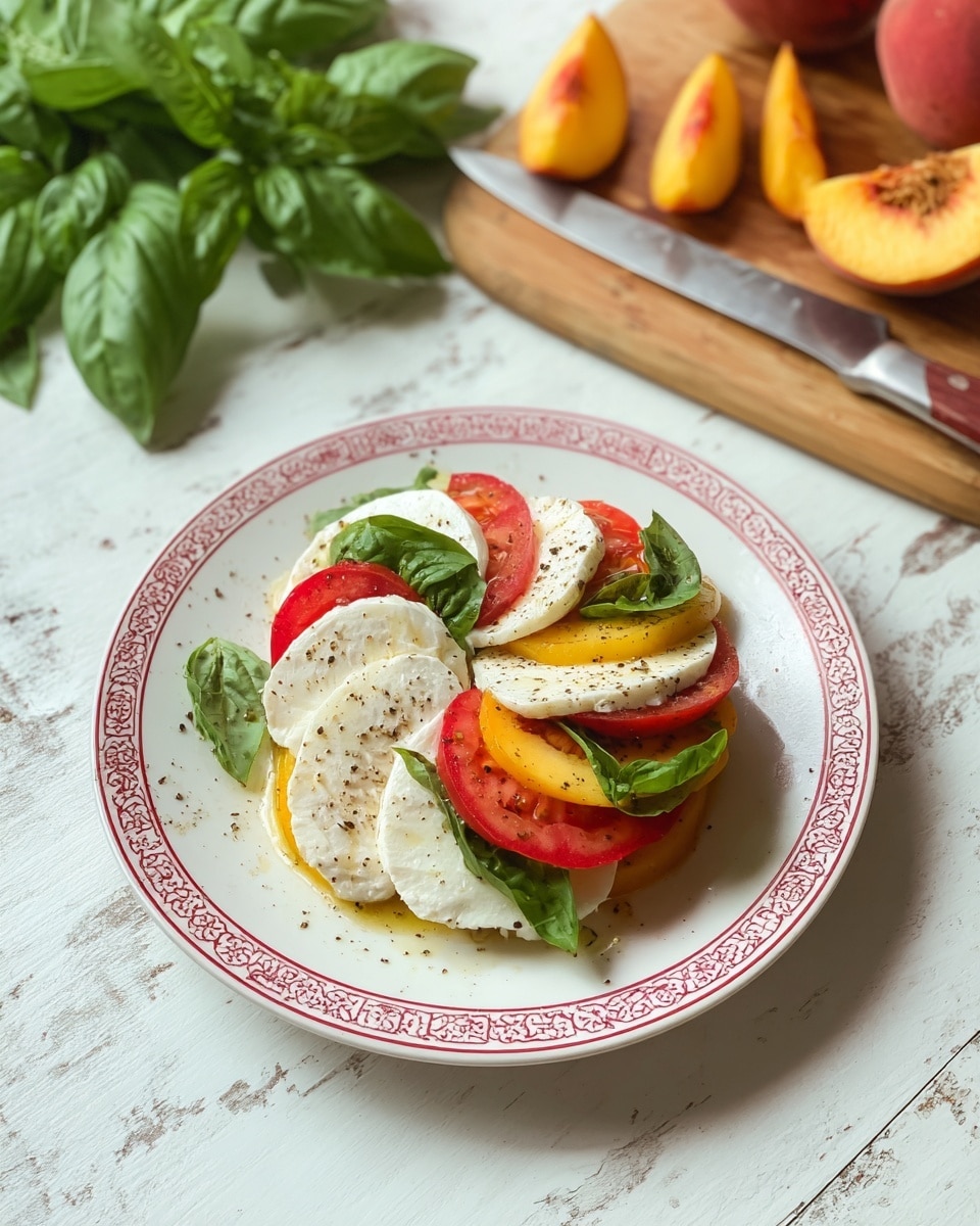 A white plate with a red patterned rim holds a stacked salad of five layers: at the bottom, round slices of white mozzarella cheese with a soft texture, topped with bright green fresh basil leaves, then thick red tomato slices, followed by orange peach slices, and finally more mozzarella slices on top, all sprinkled with black pepper and drizzled with olive oil. To the top right, a wooden cutting board with a knife and a sliced peach rests on a white marbled textured surface, while a bunch of fresh green basil leaves lies to the top left of the plate. Photo taken with an iphone --ar 4:5 --v 7