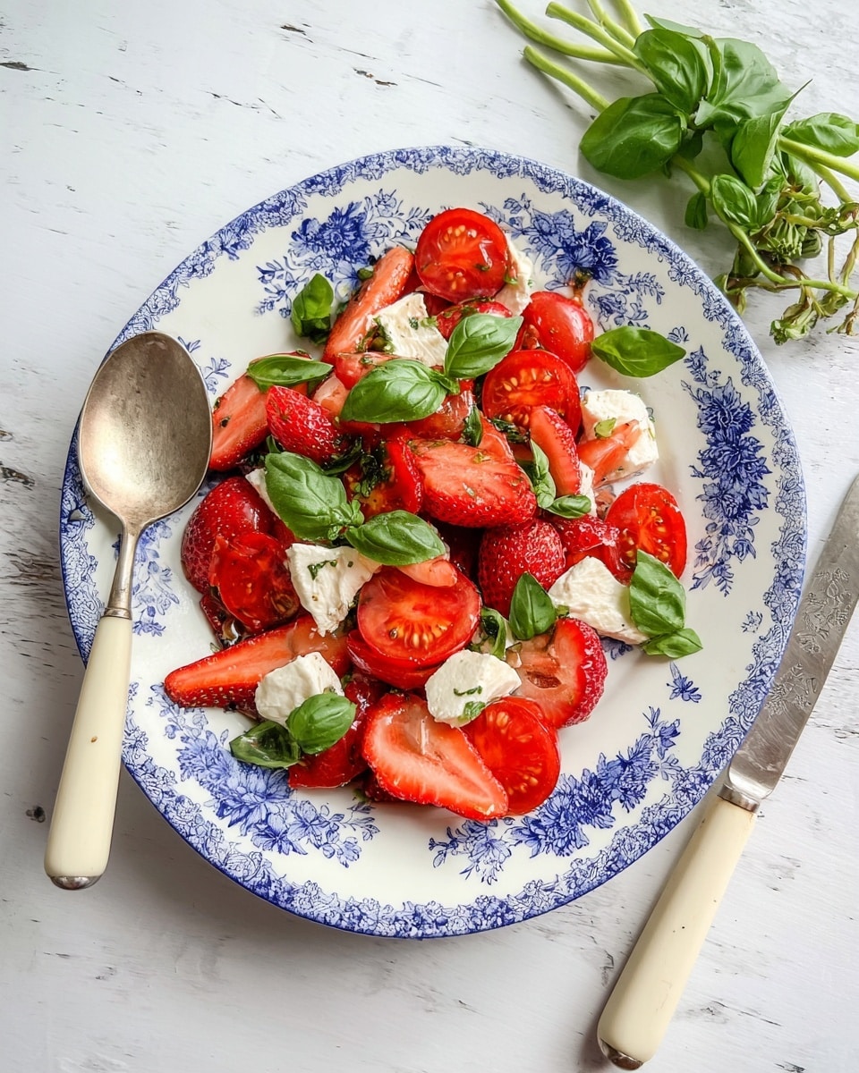 A white plate with blue floral patterns holds a fresh salad made of layers starting with whole and sliced red cherry tomatoes, followed by vibrant red strawberries sliced in half showing their seeds and flesh, then fresh green basil leaves scattered around, and pieces of soft white cheese with a slightly rough texture placed on top. There is a shiny silver spoon with a cream handle resting on the white marbled surface near the plate, with a small pile of fresh green basil stems in the background. The photo taken with an iphone --ar 4:5 --v 7