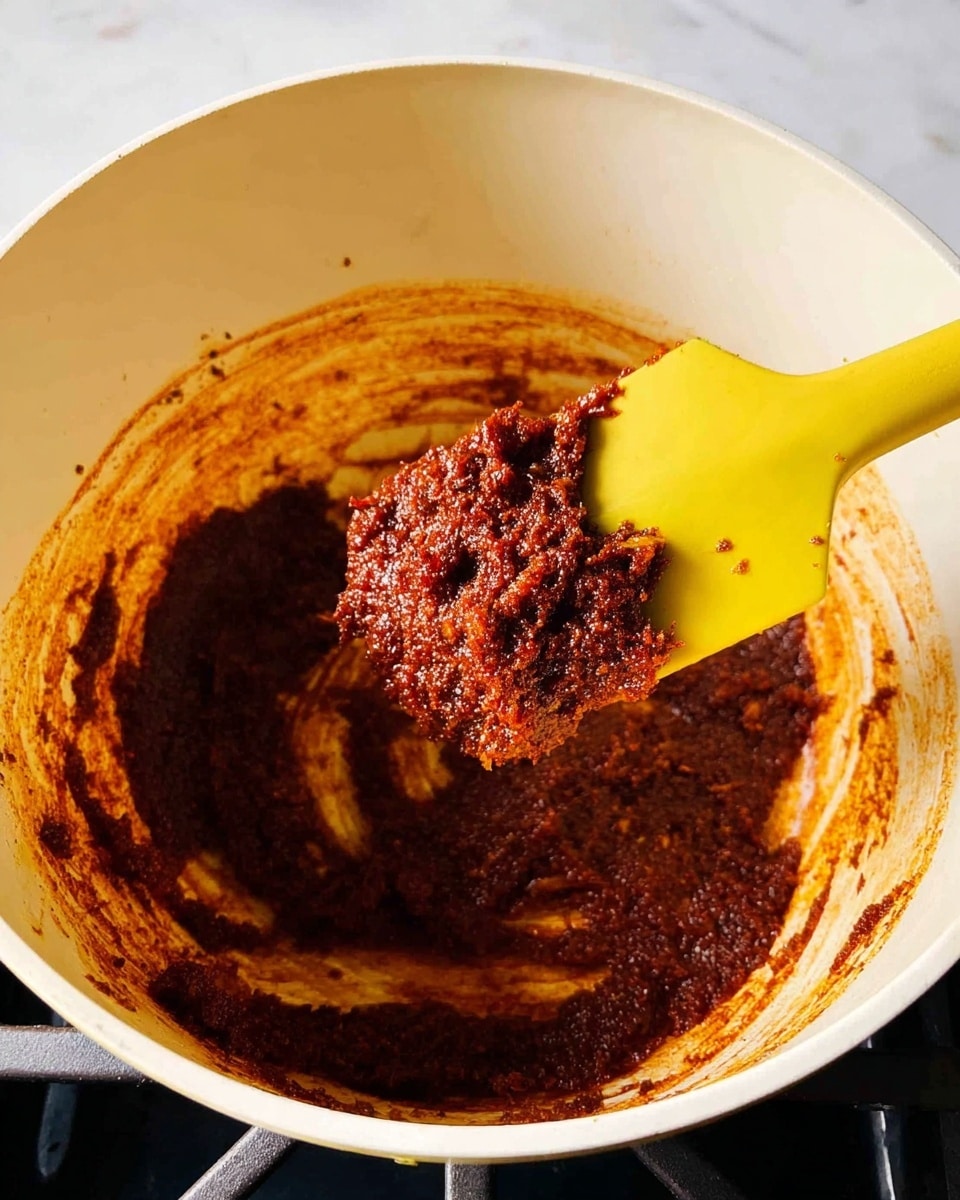 A close-up image showing a white pot with dark red-brown thick paste spread unevenly inside, some stuck to the sides. A yellow spatula holds a clump of the same paste, showing its coarse texture. The pot stands on a black stove with small parts of the burner visible. The surface under the pot is white marble texture. Photo taken with an iphone --ar 4:5 --v 7