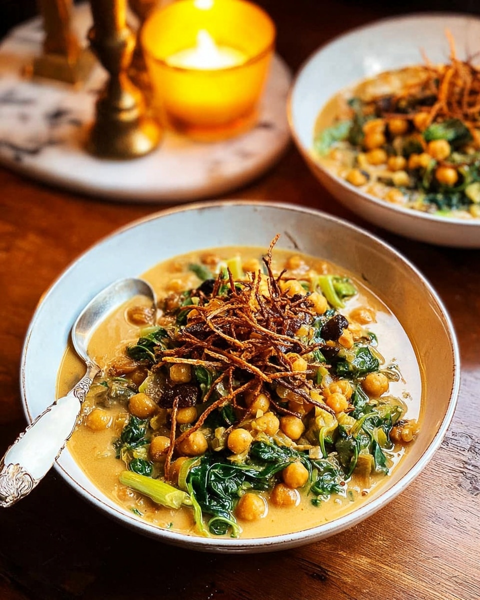The image shows a white shallow bowl filled with a warm chickpea stew as the base layer, creamy and light brown in color, mixed with green leafy vegetables scattered throughout. On top of the stew, there is a small pile of thin, crispy fried strips that are dark brown and look crunchy. A silver spoon with a white handle is resting inside the bowl on the left side with some stew on it. In the background, there is another bowl of the same stew and a glass with a lit candle giving a warm yellow light. The setting is on a wooden table with a white marbled surface underneath. Photo taken with an iphone --ar 4:5 --v 7
