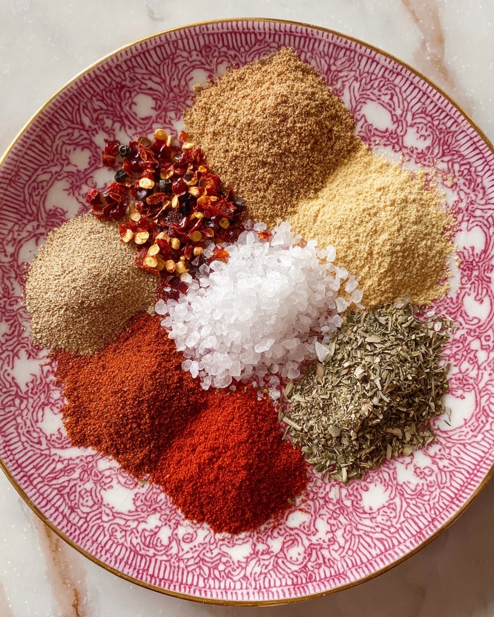 A round white plate with a pink and white patterned design holds eight separate piles of spices arranged in a loose circle. Starting at the top and moving clockwise, there is a light brown finely ground spice, a pale yellow powder, a pile of red chili flakes with visible seeds, a fine beige powder, a vibrant red powder, a brown powder, a mix of green dried herbs, and a pile of large, coarse salt flakes in the center overlapping some spices. The plate sits on a white marbled surface photo taken with an iphone --ar 4:5 --v 7