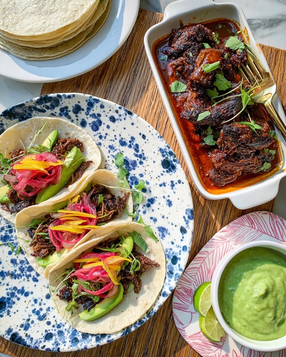 Three soft white tortillas hold tacos, each filled with dark grilled meat at the bottom, topped with thin yellow and red strips, pink pickled onions, bright green avocado slices, and fresh small green leaves, all resting on a white plate with blue splatters. To the right is a white rectangular dish showing more dark grilled meat in a red oily sauce, garnished with green leaves and touched by a gold fork. Above left is a stack of plain white tortillas on a white scalloped plate. Below right is a white bowl with green sauce, smooth and creamy, sitting on a white and pink patterned coaster with lime wedges beside it, all placed on a wooden surface with a white marbled background. Photo taken with an iphone --ar 4:5 --v 7