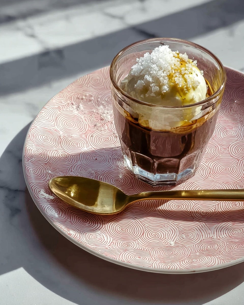 A small clear glass holds a dark brown liquid topped with a thick white cream layer sprinkled with large salt flakes and a drizzle of golden oil on top. The glass sits on a white plate with a pink patterned design of circular shapes all over the surface. A shiny golden spoon rests on the plate beside the glass. The scene is set on a white marbled surface with soft shadows falling across the plate. Photo taken with an iphone --ar 4:5 --v 7