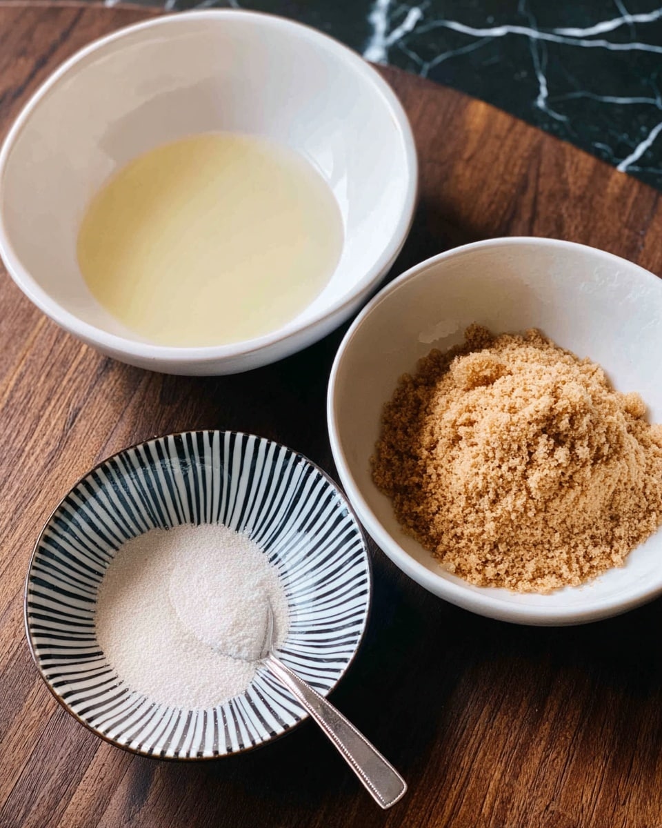 The image shows three white bowls placed on a dark wooden table with a white marbled texture in the background. The largest bowl at the top contains a clear, light yellow liquid with a smooth surface. The medium bowl on the right holds a heap of light brown, crumbly texture, like crushed nuts or breadcrumbs. The smaller bowl on the left features a fine white powder resembling sugar or salt, with a silver spoon resting inside. The bowls have simple designs, with the smaller bowl having black vertical lines around the edge. photo taken with an iphone --ar 4:5 --v 7
