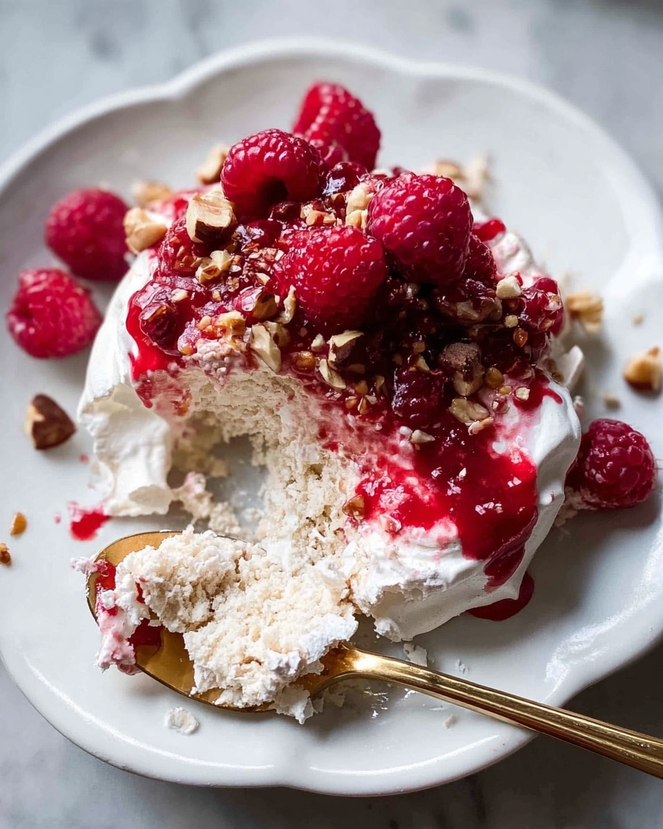 A single-layer white meringue sits in the center of a white scalloped plate on a white marbled surface. On top of the meringue is a thick layer of smooth white cream, partially covered by a bright red raspberry sauce with a slightly shiny texture. Fresh red raspberries are scattered over the sauce, with some spilling slightly onto the plate. Around and on the raspberries are small, uneven pieces of toasted hazelnuts with a golden-brown color. Photo taken with an iphone --ar 4:5 --v 7