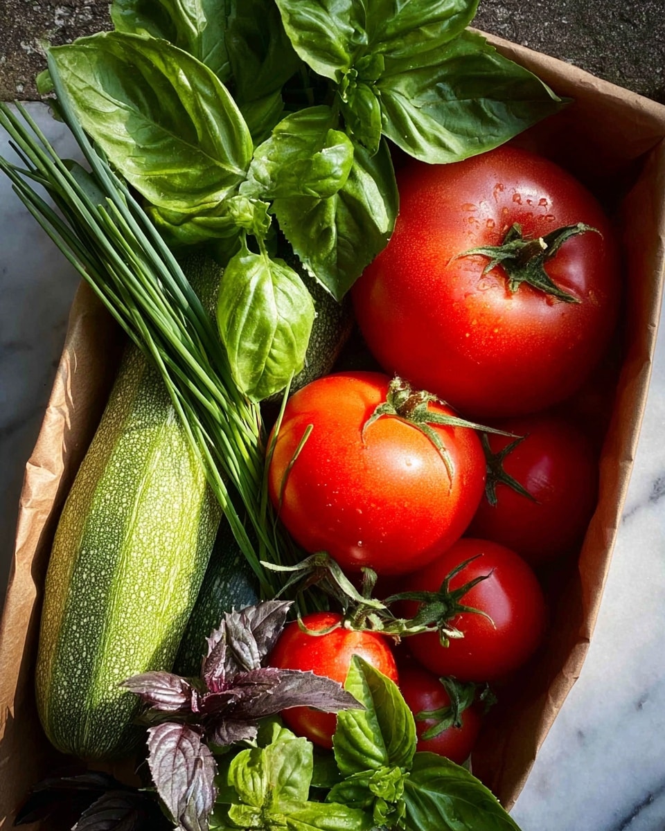 A close-up image of fresh vegetables arranged in a brown paper container on a white marbled surface. The container holds large, shiny red tomatoes with green stems, smaller round red tomatoes, a long light green zucchini with fine lines and texture, bright green basil leaves with smooth surfaces, dark purple basil leaves, and thin green chive stalks with small light purple flowers. The colors are vivid and the textures fresh, showing the leafy greens and smooth skins clearly in natural sunlight. photo taken with an iphone --ar 4:5 --v 7