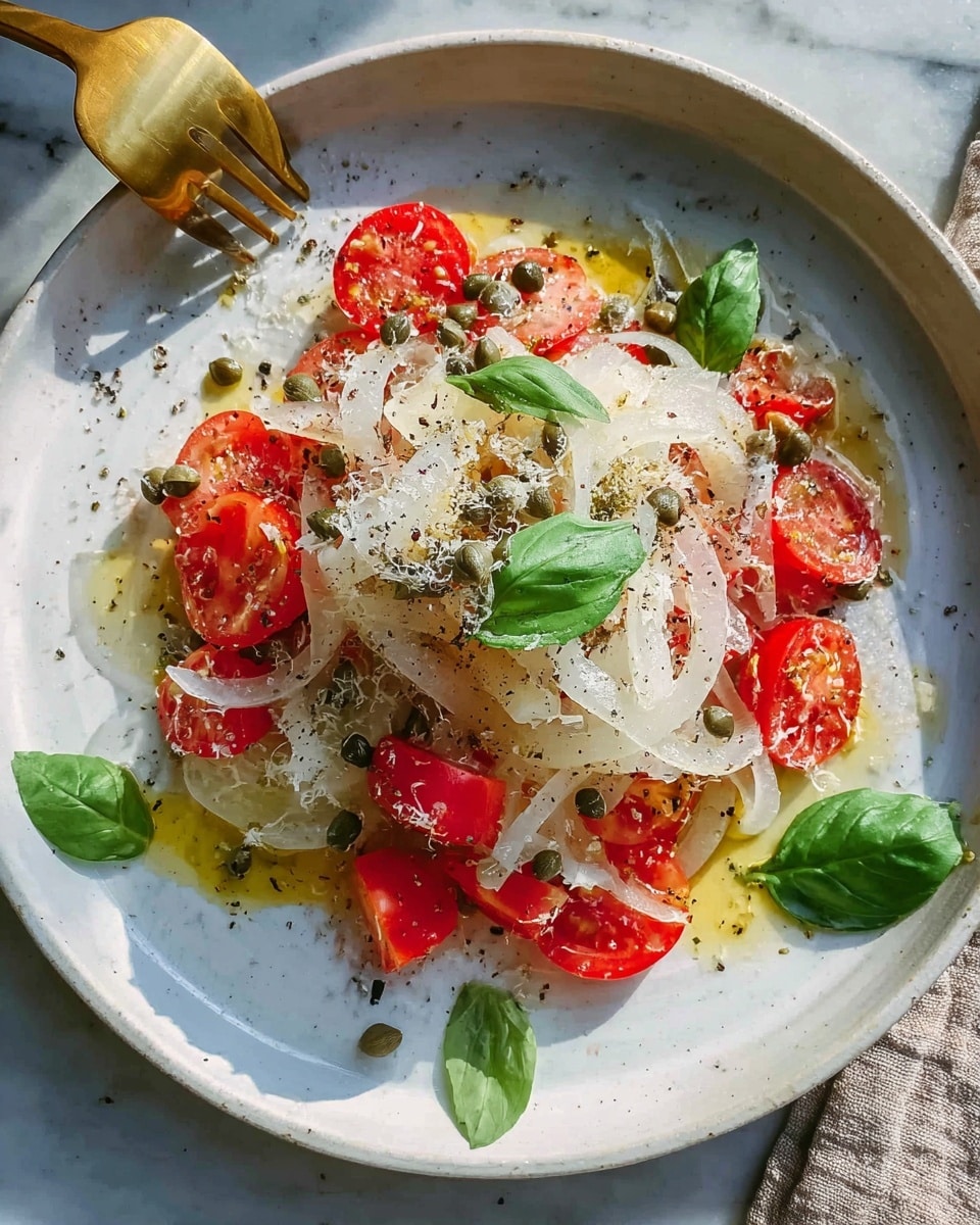 A white plate on a white marbled surface holds a fresh salad with three visible layers. The bottom layer consists of bright red cherry tomatoes, some cut in halves, scattered across the plate. The middle layer is made of thin, translucent slices of white onion, loosely piled in the center. On top, there is a sprinkling of grated white cheese or nutty crumbs and small green capers scattered around. Fresh green basil leaves are placed on the onion layer and also scattered around the plate, adding a pop of color. The whole dish is lightly drizzled with golden olive oil and sprinkled with cracked black pepper. A gold spoon and fork rest on the edge of the plate near the top left, with a woman's hand just touching the spoon. Photo taken with an iphone --ar 4:5 --v 7
