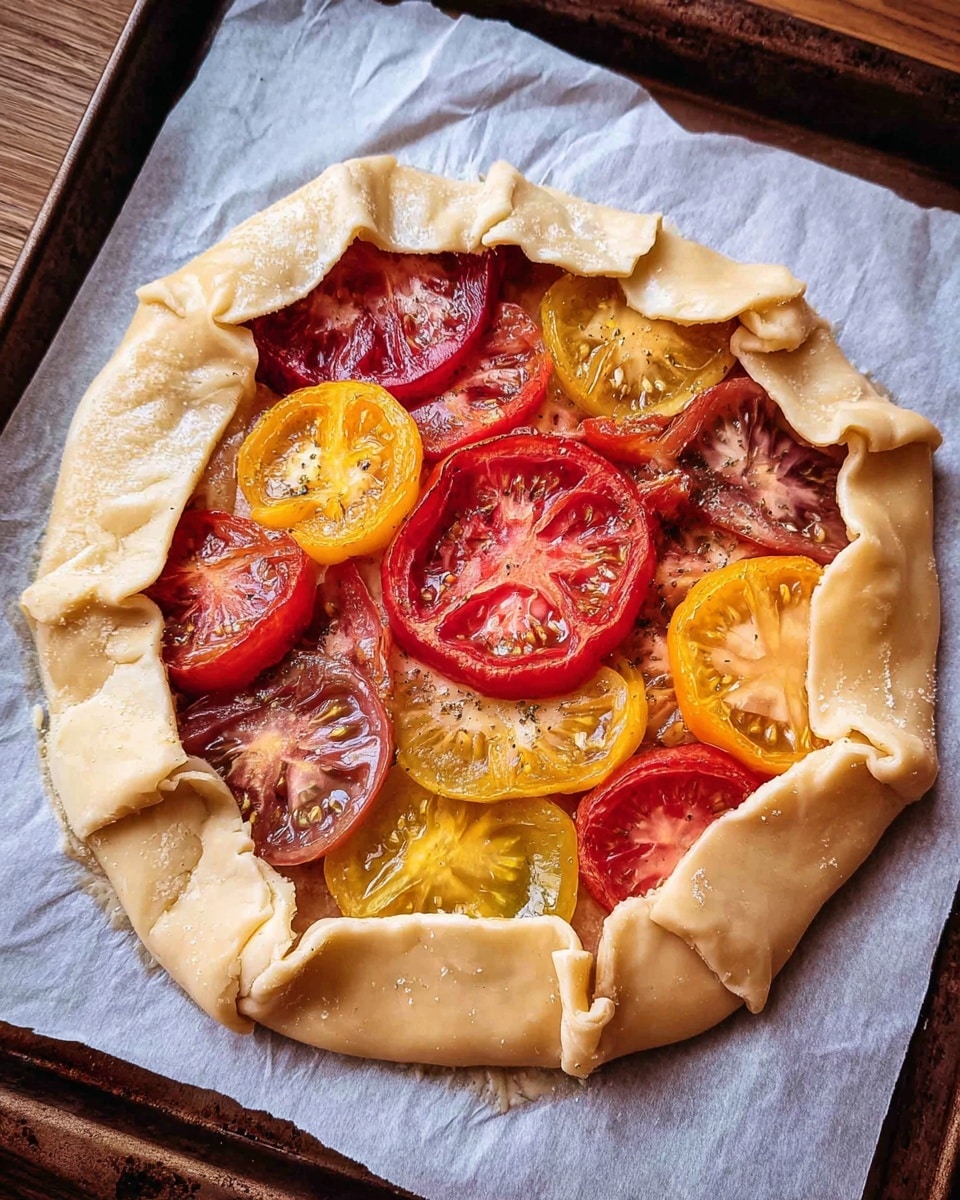 A round raw tart with a thick pale yellow dough crust folded in a rustic way around the edges, holding a colorful mix of sliced heirloom tomatoes in the center. The tomato slices show layers of red, orange, yellow, and some with a gradient, all glistening with moisture. This tart sits on white parchment paper on a baking tray, with a wooden table edge partially visible. The dough has a soft, slightly shiny texture and is thicker on the edges. photo taken with an iphone --ar 4:5 --v 7