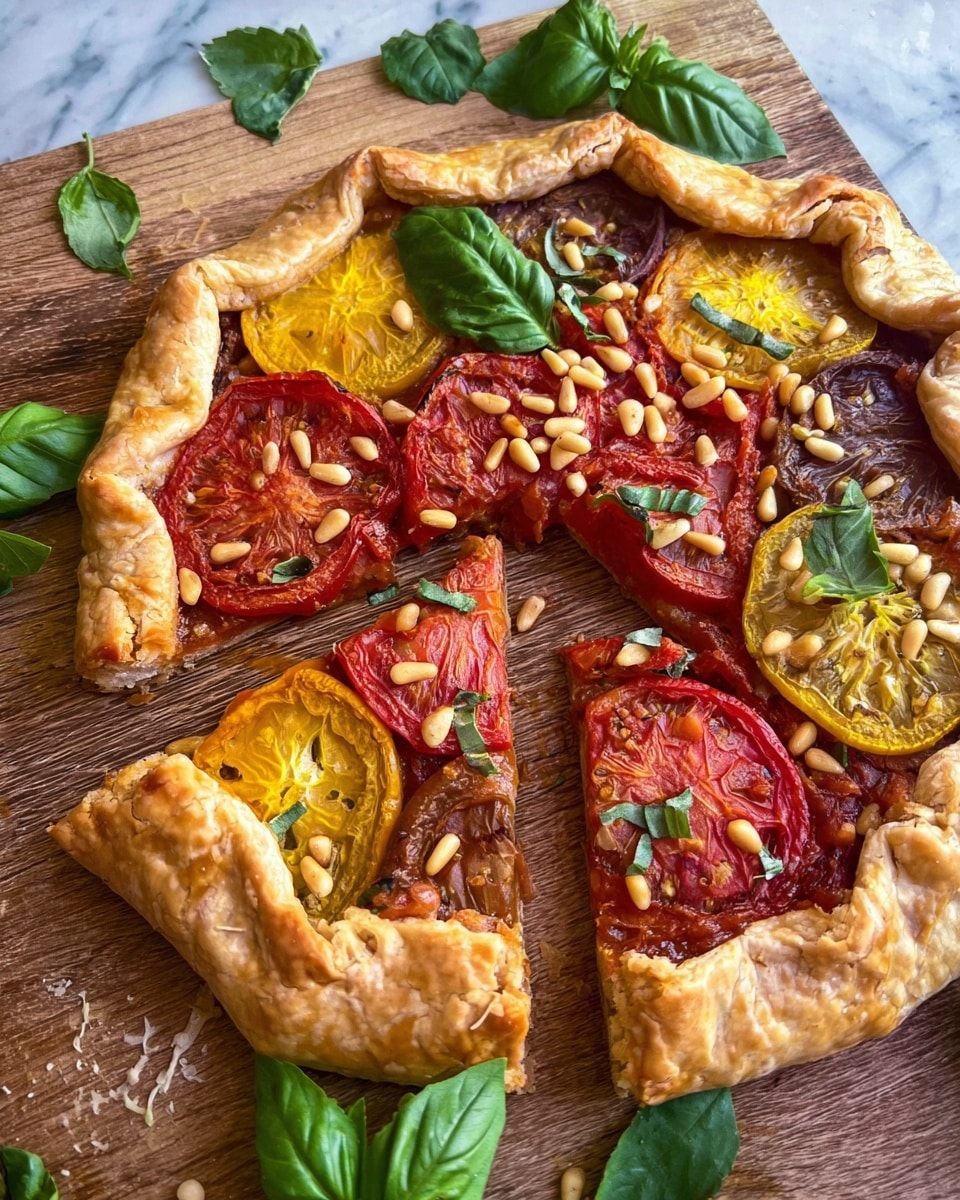 A rustic tart with a golden brown, flaky crust folded over a filling of three layers of sliced tomatoes in red, yellow, and purple colors, slightly roasted with a soft, juicy texture. The pie is generously sprinkled with toasted pine nuts that add a light tan color and crunchy feel. Fresh green basil leaves are placed on top, adding vibrant color contrast and freshness. The tart is cut into triangular slices and sits on a wooden board with green basil leaves scattered around, all on a white marbled surface. photo taken with an iphone --ar 4:5 --v 7